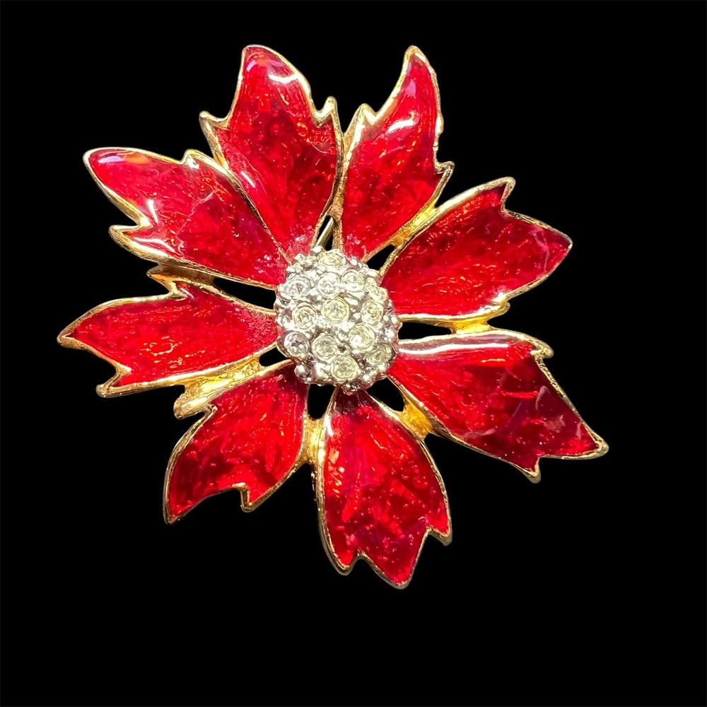 Vintage Gold Tone Red Floral Clear Crystal Enamel Brooch Pin